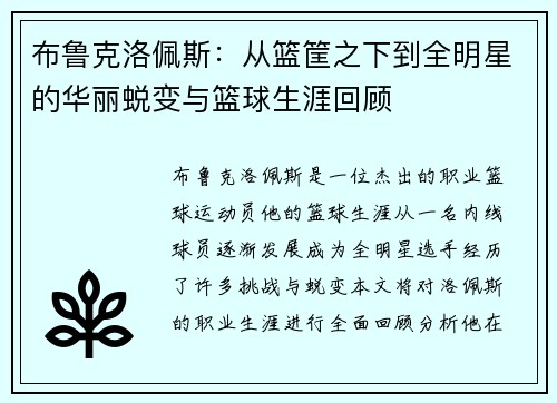 布鲁克洛佩斯：从篮筐之下到全明星的华丽蜕变与篮球生涯回顾